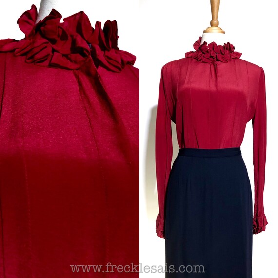 Helena Silk Deep Red 80s Ruffles Vintage Blouse, H