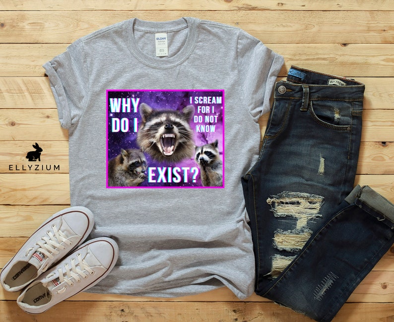 May include: Gray t-shirt with a graphic of raccoons in a galaxy background. The text on the graphic reads "Why do I exist? I scream for I do not know."