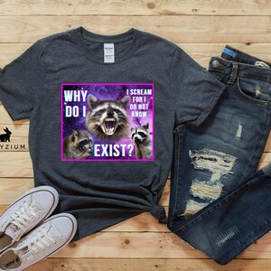 May include: A dark heather grey t-shirt with a graphic of a raccoon with the text "Why do I exist? I scream for I do not know" in a purple and pink box.