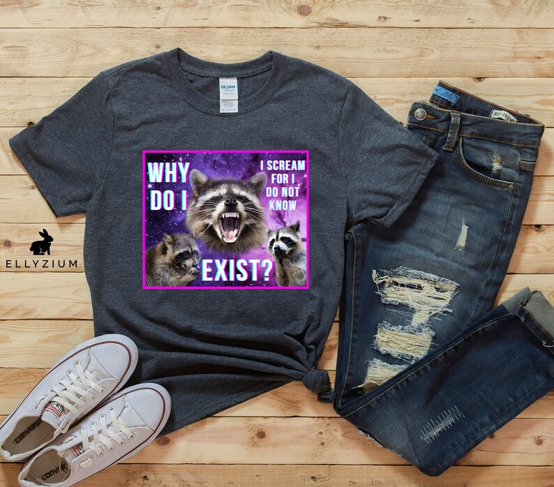 May include: A dark heather grey t-shirt with a graphic of a raccoon with the text "Why do I exist? I scream for I do not know" in a purple and pink box.