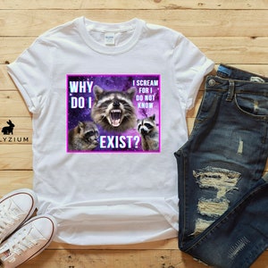 May include: White t-shirt with a graphic of three raccoons against a purple galaxy background. The text on the graphic reads "Why do I exist?" and "I scream for I do not know".