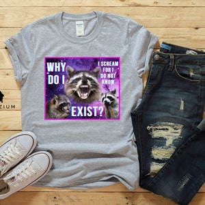 May include: Gray t-shirt with a graphic of raccoons in a galaxy background. The text on the graphic reads "Why do I exist? I scream for I do not know."