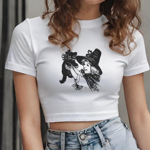 Vintage Baby Tee Retro Crop Top Grunge 90s Vibes Black Cat Aesthetic Fashion Nostalgia Gift for Her 2000s Clothing Trend Y2K Style Statement