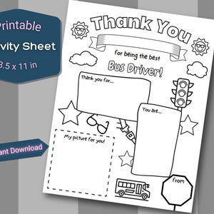 Fiche d'activité Merci pour le chauffeur de bus, appréciation de l'enseignant, rentrée des classes, feuille à colorier, carte de remerciement