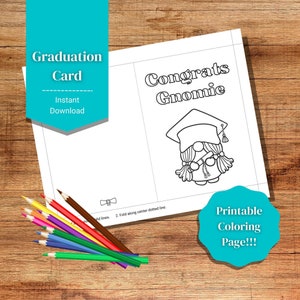 Tarjeta de graduación, Felicitaciones, Página para colorear imprimible, Temática de gnomo