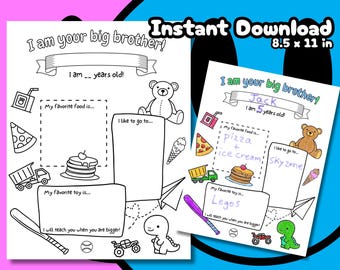 I Am Your Big Brother Coloring & Activity Page – Printable Sibling Gift for New Baby