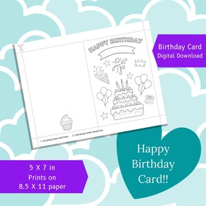 Happy Birthday Card, Printable Card, Coloring Page