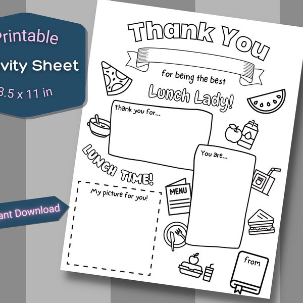 Thank You Lunch Lady Activity sheet, teacher appreciation, back to school, coloring sheet, thank you card