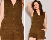 Sexy 90s Brown Corduroy Romper Button Up Olive Green Short Jumpsuit Sleeveless V Neck Romper with Pockets Summer Boho Outfit Medium