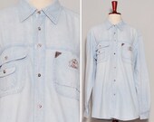 Flap Pockets Cowboy Shirt Light Blue Jean Western Shirt Loose Boyfriend Denim Shirt Vintage Unisex Everyday Shirt Small