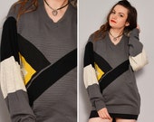 Color Block Geometric Hipster Sweater Striped Texture Grey Thin Sweater Unisex Vneck Pullover Sweater Colorblock Fall Oversize Sweater