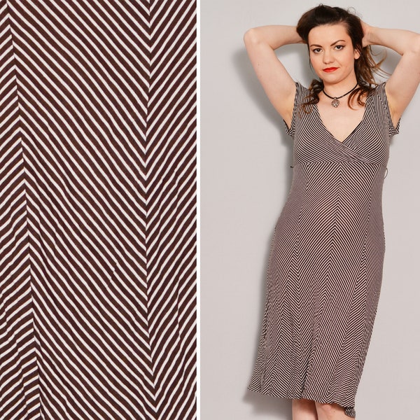 Size 10 | Chevron Pattern Brown Floaty Dress | Wrap Neckline Stretchy Summer Dress | White Stripes Short Sleeve Dress | Semi Sheer Casual