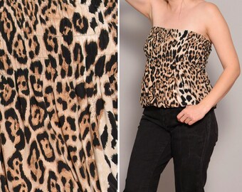 Size 8 | Cheetah Pattern Bubble Tube Top | Black Beige Brown Strapless Shirring Party Top | Animal Print Stretchy Rocker  Edgy Cougar  M