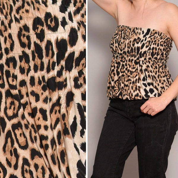 Größe 8 | Gepard Muster Bubble Schlauch Top | Schwarz Beige Braun Strapless Shirring Party Top | Animal Print Stretchy Rocker Edgy Cougar M