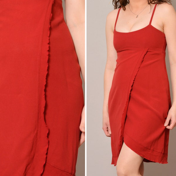 Size 8 | Faux Wrap Hot Red Max Mara Mini Dress | Vintage 90s Italian Tulip Dress | Ruffle Trim Spaghetti Strap Open Back Fitted Sweatheart