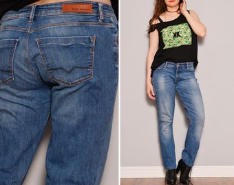Size M W29L34Girly Stretchy Bootcut Boss Jeans | Mid to Low Waist Casual Jeans | Zipper Fly Vintage Medium Wash Denim Pants | Streetwear