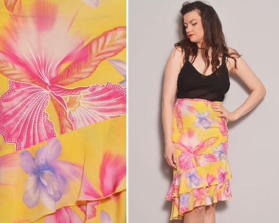 Floral Trumpet Skirt Size 4 6 Silk Iris Flower Radiant Yellow Knee Skirt Ruffle Tiered Designer Skirt Pink Purple Thin Salsa Summer Etsy Canada