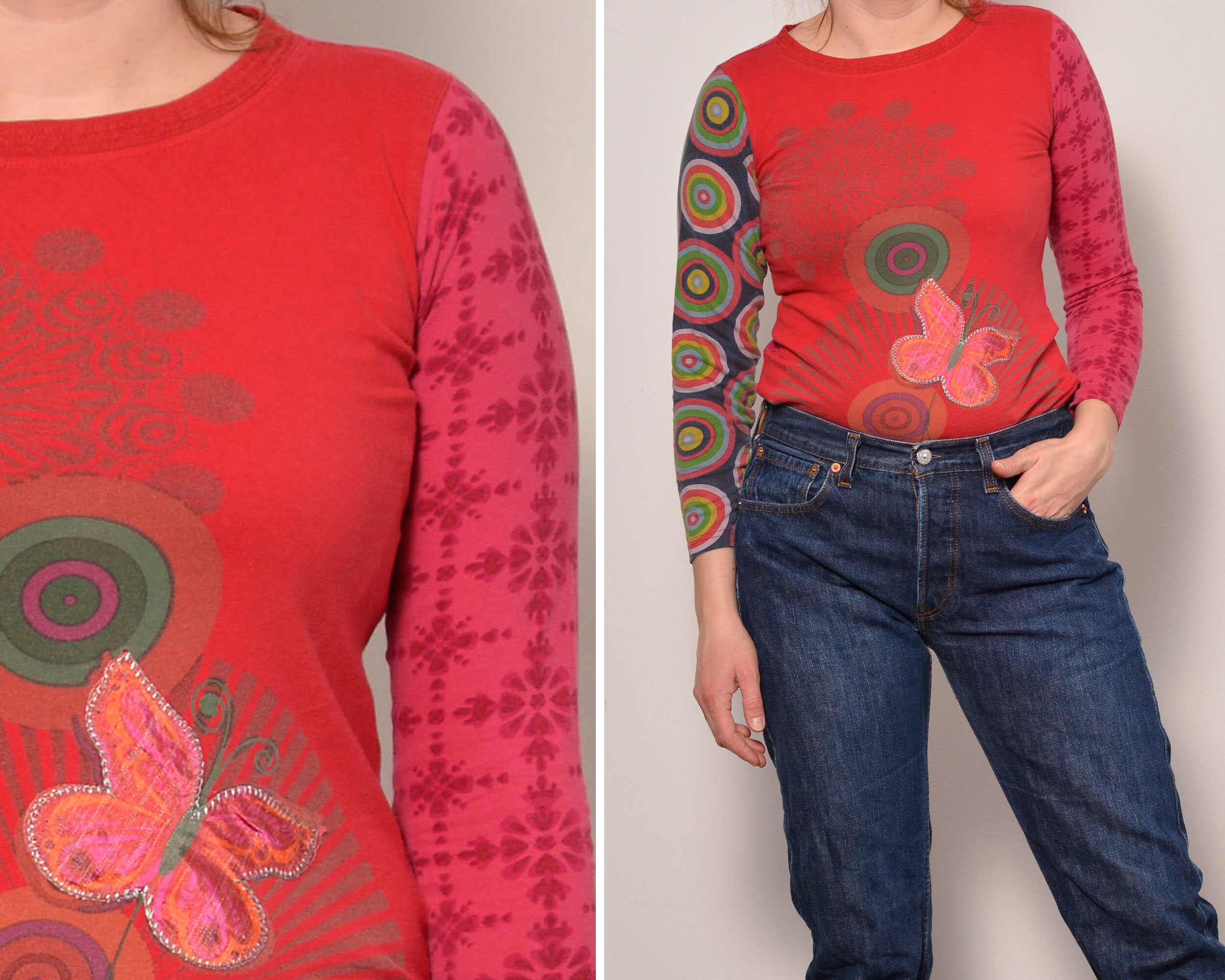 Size 4 to 6 Butterfly Circle Mandala Print Desigual Blouse Red