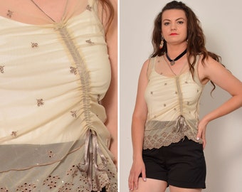 Size 8 | Flower Embroidery Beige Fishnet Top | Cinched Detail Tie Tank Top Scallop Trim Floral Lace Party Top | V Neckline See Throught Boho