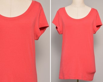 Size 10 to 12 | Ultra Soft Pima Cotton Peach Red Cynthia Rowley T Shirt | Minimalist Scoop Neck Top | Short Sleeve Basic Stretchy T Shirt