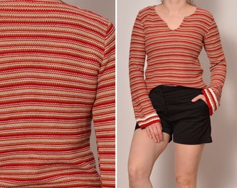 Size 8 to 10 | 90s Vintage Cotton Striped Sweater | Red Beige White Hippie Pullover Sweater | Bell Sleeves Split Neckline Stretchy Sweater