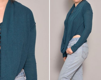 Size 6 | Dark Sea Blue Designer Cardigan Sweater | Button Up Cowl Neck  Unique High Low Sweater | Elastic Long Sleeve Japan Cotton Knitwear
