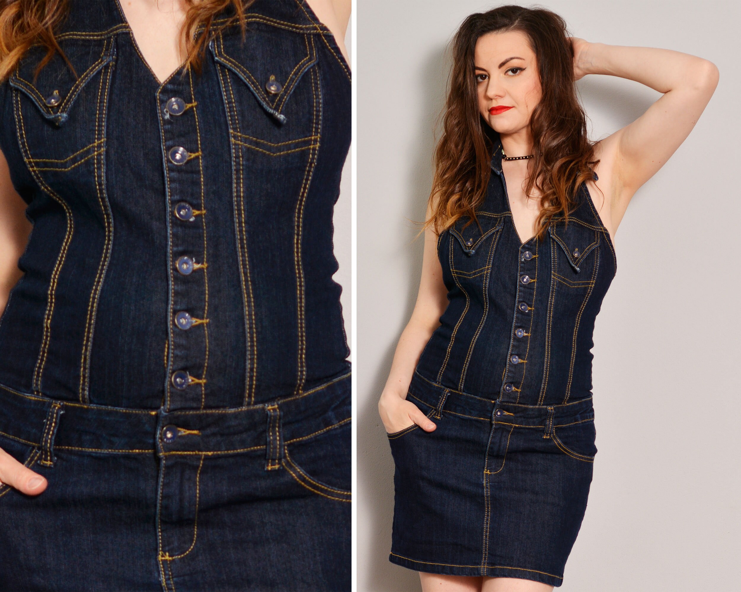 Collared Halter Neckline Jean Dress 