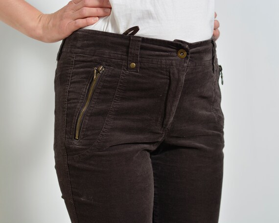 Size US8 Brown Corduroy Fitted Capris Cotton Elastic Short Zipper Pockets  Straight Leg Mid Waist Elastane Stretchy Bohemian Mid Calf 