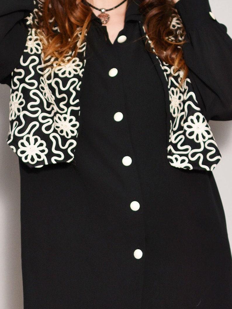Sheer Black Shirt with Vest Cuff Sleeve Bohemian Shirt Large XL White Cord Embroidery Vested Shirt Flower Pattern Retro 80s Shirt