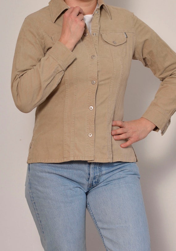 Size 8 | Beige Designer Corduroy Shirt | Chest Po… - image 5