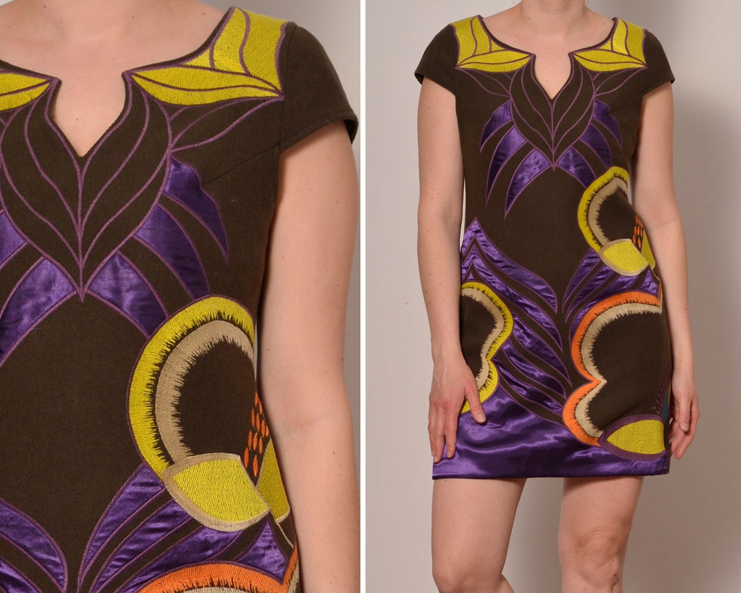 Talla 8 10 Lana Viscosa Marron Purpura Vestido espanol Flores exoticas Vestido de disenador bordado Mangas cortas Vestido de neon ajustado M L Etsy Mexico