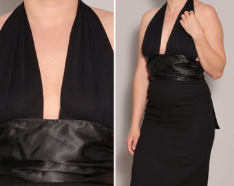Size 6 8 | Black Satin Deep V Halter Top | Tie Back Glossy Gathered Top | Soft Thin Backless Party Top Sexy Draped Sleek Scarf Style Evening