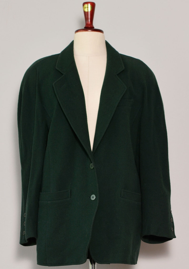 Dark Green Short Winter Coat Wool Blend Minimalist Coat Shoulder Pad 90s Classic Coat Notched Collar Button Up Coat Medium