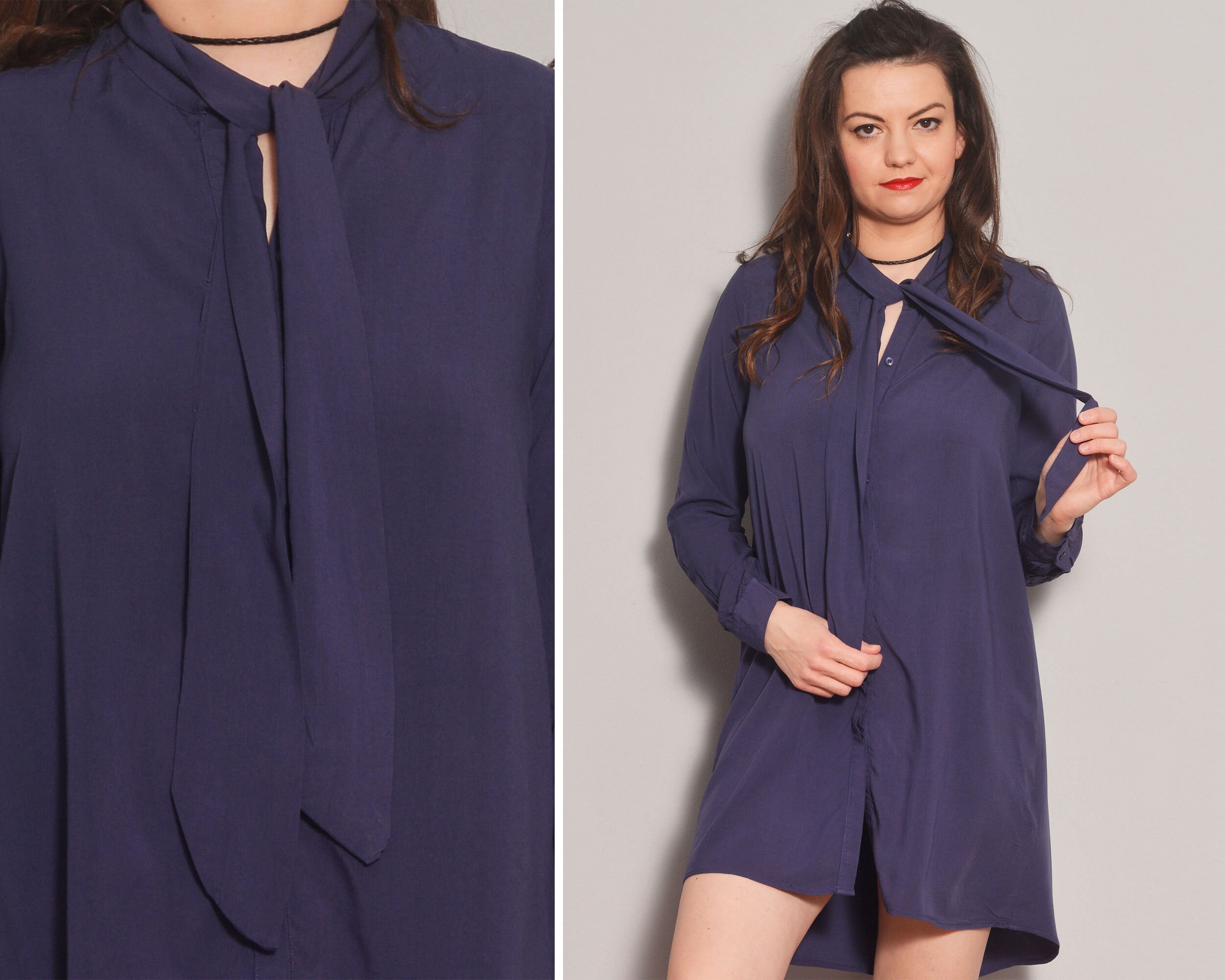 Plum Tie Neck Shirtdress Minimalist 