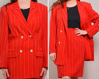 Size 8 to 10 | Hot Red Vintage Mondi Skirt Suit | Classy Design Pinstriped Skirtsuit | 90s Vintage Skirt Jacket Set | Classy Woman Office