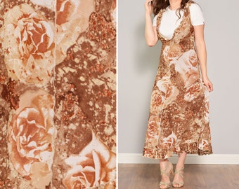 Size 6 8 | Rose Print Brown Floral Dress | Earth Tone Deep V Floaty Ruffle Dress Thin Sheer Fabric Summer Maxi Dress | Fitted Bohemian Boho