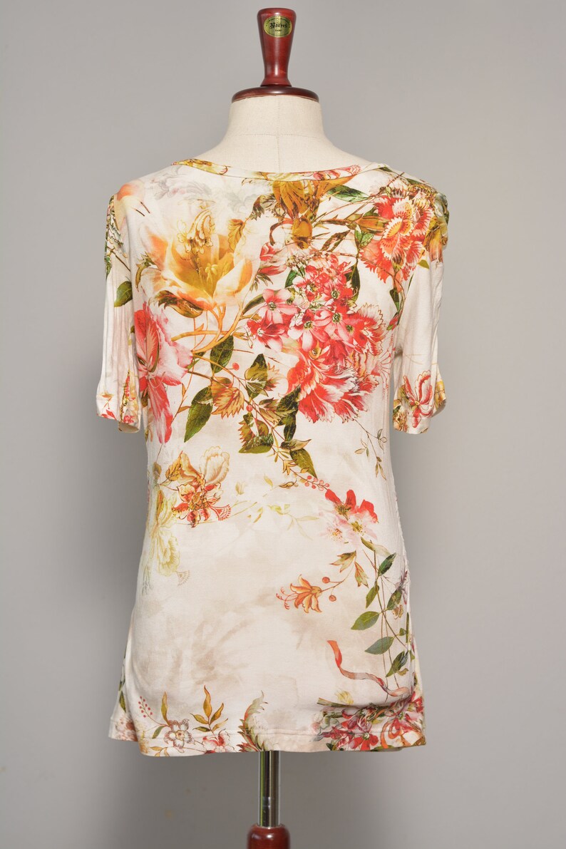 Short Sleeve Boho Blouse Flower Pattern Regular Fit Bohemian Blouse Stretchy Airy Top Charming Floral Print Elastic Summer Blouse S