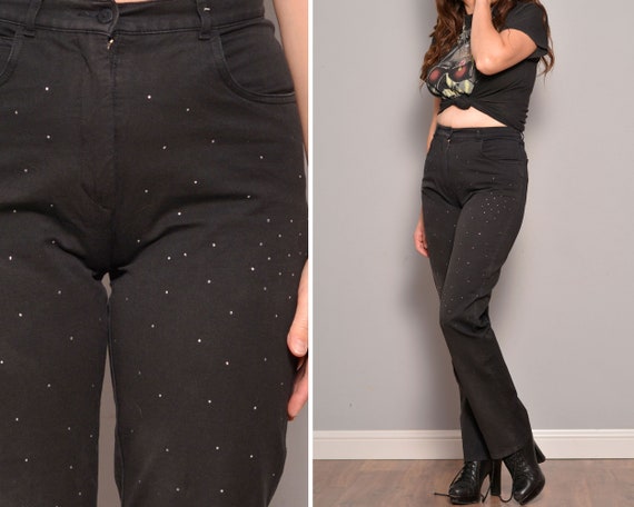 Size 6 Black Crystal Beaded Jeans High Waisted Girlfriend Jeans Faded Denim Fitted Trousers Sparkly Party Outfit S Small Etsy Canada