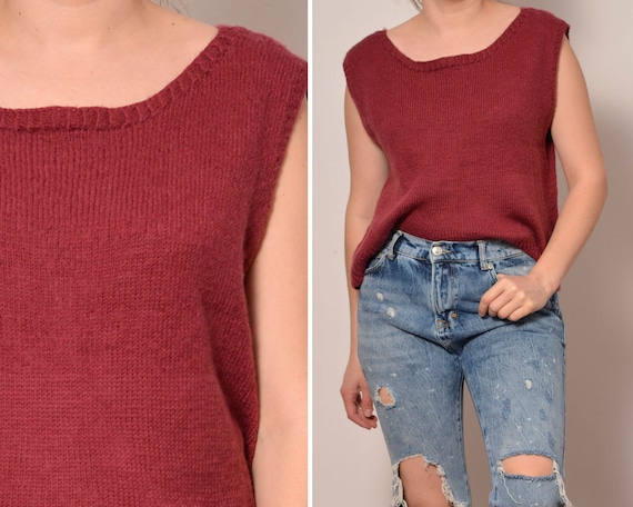 Size 8 to 12 Maroon Red Handmade Pullover Sweater Hand Crafted 80s  Strapless Sweater Vintage Relaxed Sweatervest Plus Size Minimalist 
