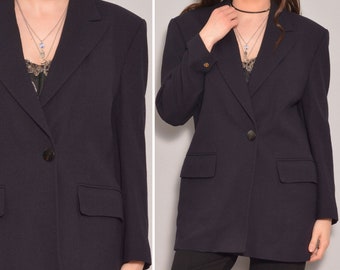 Taille 8 | Blazer minimaliste de créateur classique | Longue veste en laine noire années 80 | Blazer de bureau de haute qualité pour l'Allemagne de l'Ouest | vintage femme d'affaires