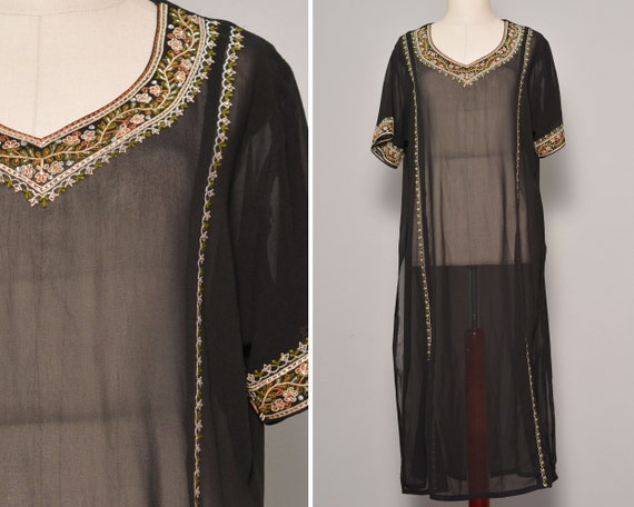 Floral Embroidery Black See Through Kaftan | Silve