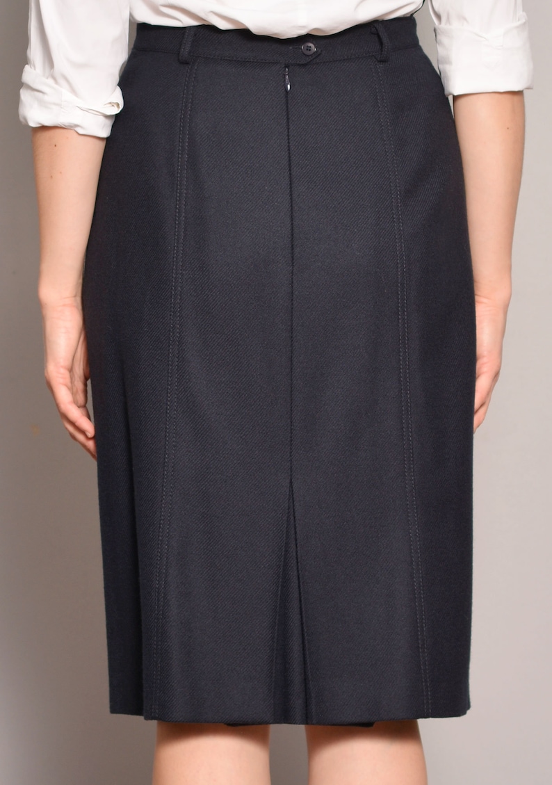 Pure Wool Skirt Navy Blue 80s Dark Skirts High Rise A Line Knee Lenght Textured Patterned Flare Classy Elegant