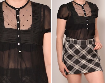 Size 6 | See Through Black Party Blouse | Pintuck Detail Sheer Short Sleeve Blouse | Button Up Polkadot Fitted Top | Small
