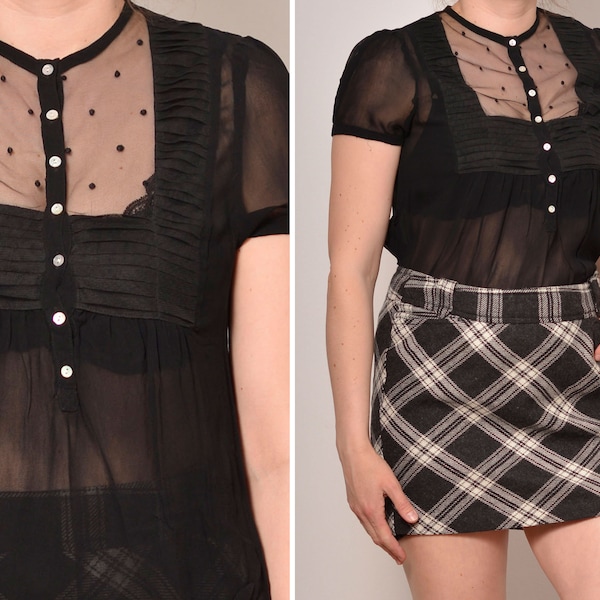 Size 6 | See Through Black Party Blouse | Pintuck Detail Sheer Short Sleeve Blouse | Button Up Polkadot Fitted Top | Small