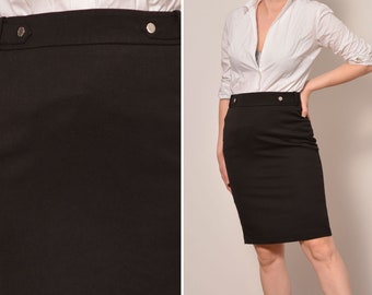 Size 8 | Business Casual Black Pencil Skirt | High Waist Minimalist Skirt With Snaps | Back Slit Elegant Short Skirt | Formal Belt Loops