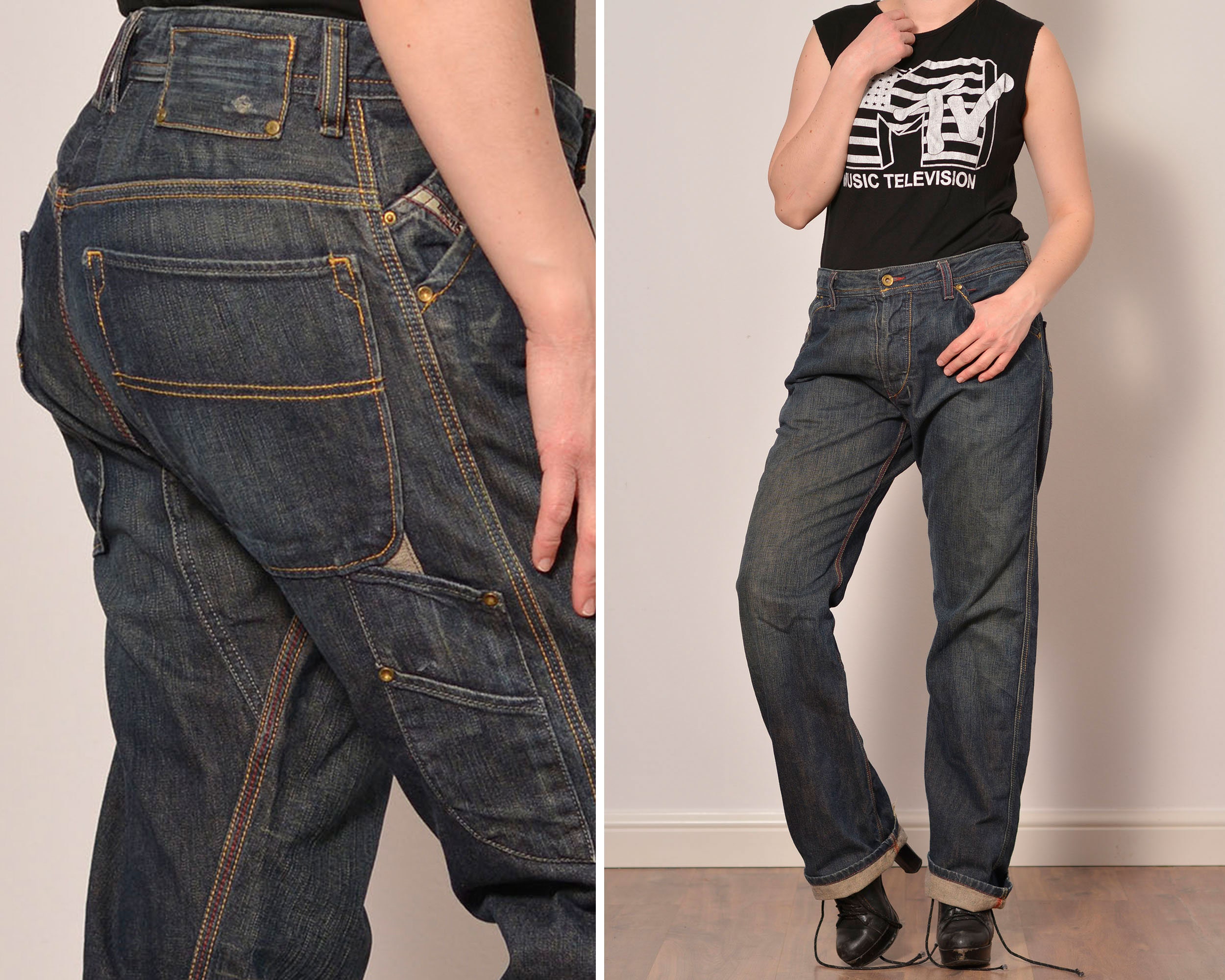 Dark Wash Mens Cargo Jeans Frayed 