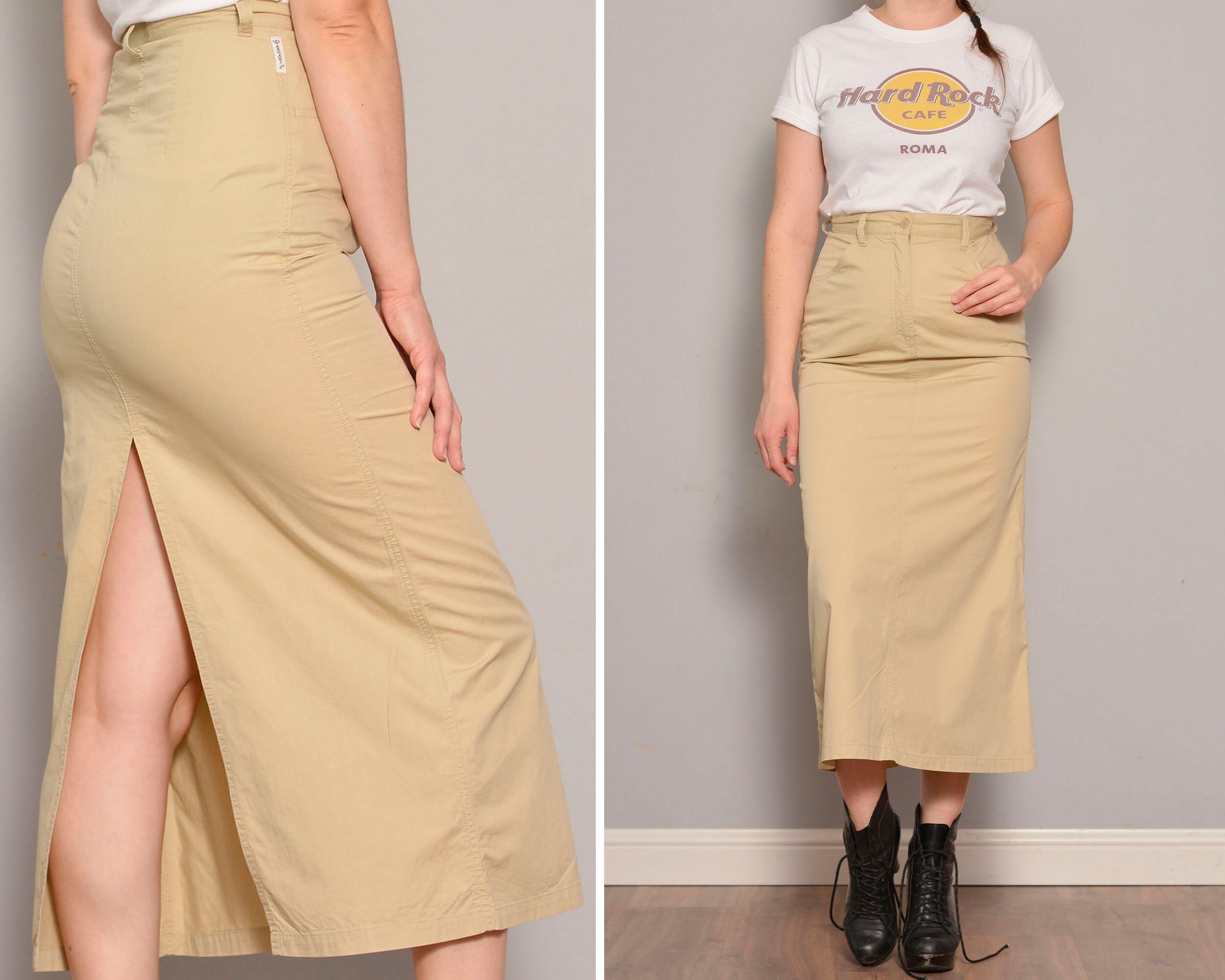 Large Pockets High Waist Midi Skirt In Yellow-Beige – The Dress Room