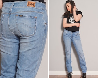 Größe 38 W31 L31 | Gerades Bein Low Waist Lee Jeans | Vintage Low Rise Blaue Jeanshose | Zipper Fly Girlfriend Fit Everyday Jeans Stretchy