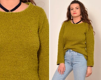 Size 6 - 8 | Olive Green Minimalist Acrylic Sweater | Long Sleeves Boat Neck Regular Basic Pullover | Solid Green 00s Loose Knitwear S M