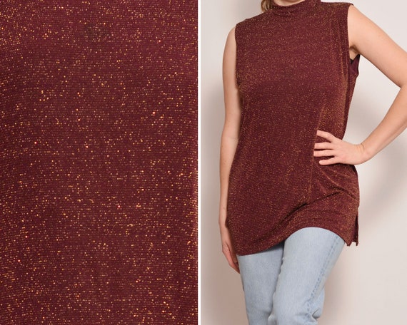Size 10 Polo Neck Long Maroon Lurex Top Gold Metallic Stretchy